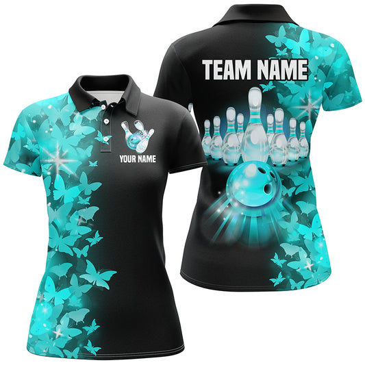 Turquoise Butterfly Bowling Polo Shirts For Men Women Custom Bowling Jersey Team BDT505