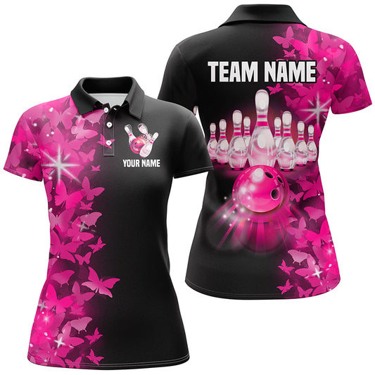 Pink Butterfly Bowling Polo Shirts For Men Women Custom Bowling Jersey Team BDT505