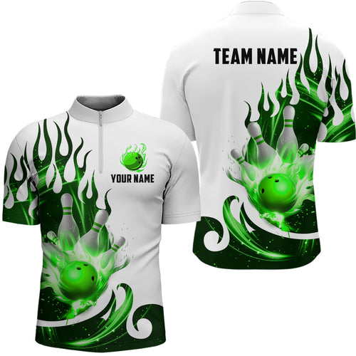 White&Green Bowling Shirts For Men & Women Custom Flame Bowling Team Jersey Quarter-Zip BDT537