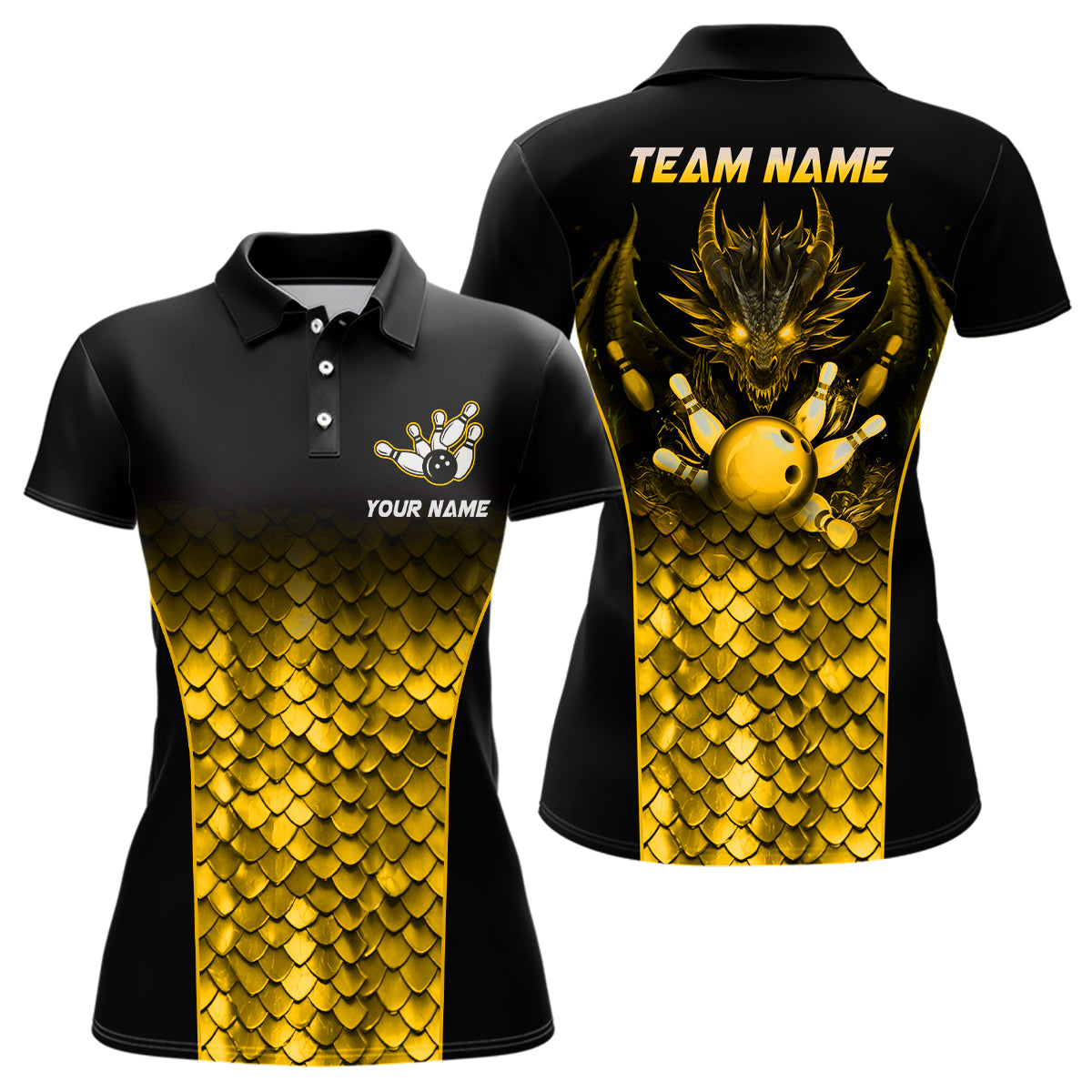 Custom Gold Dragon Bowling Polo Shirts For Men And Women Bowling Team Jersey BDT508