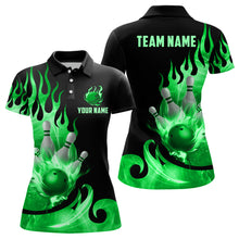 Load image into Gallery viewer, Custom Black &amp; Green Bowling Shirts For Men &amp; Women Flame Bowling Team Jersey Polo BDT536