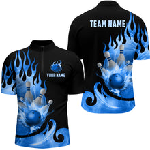 Load image into Gallery viewer, Custom Black &amp; Blue Bowling Shirts For Men &amp; Women Flame Bowling Team Jersey Quarter-Zip BDT536