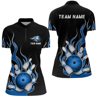 Blue Flame Bowling Quarter Zip Shirts for Men And Women Custom Bowling Team Jerseys Unisex BDT477