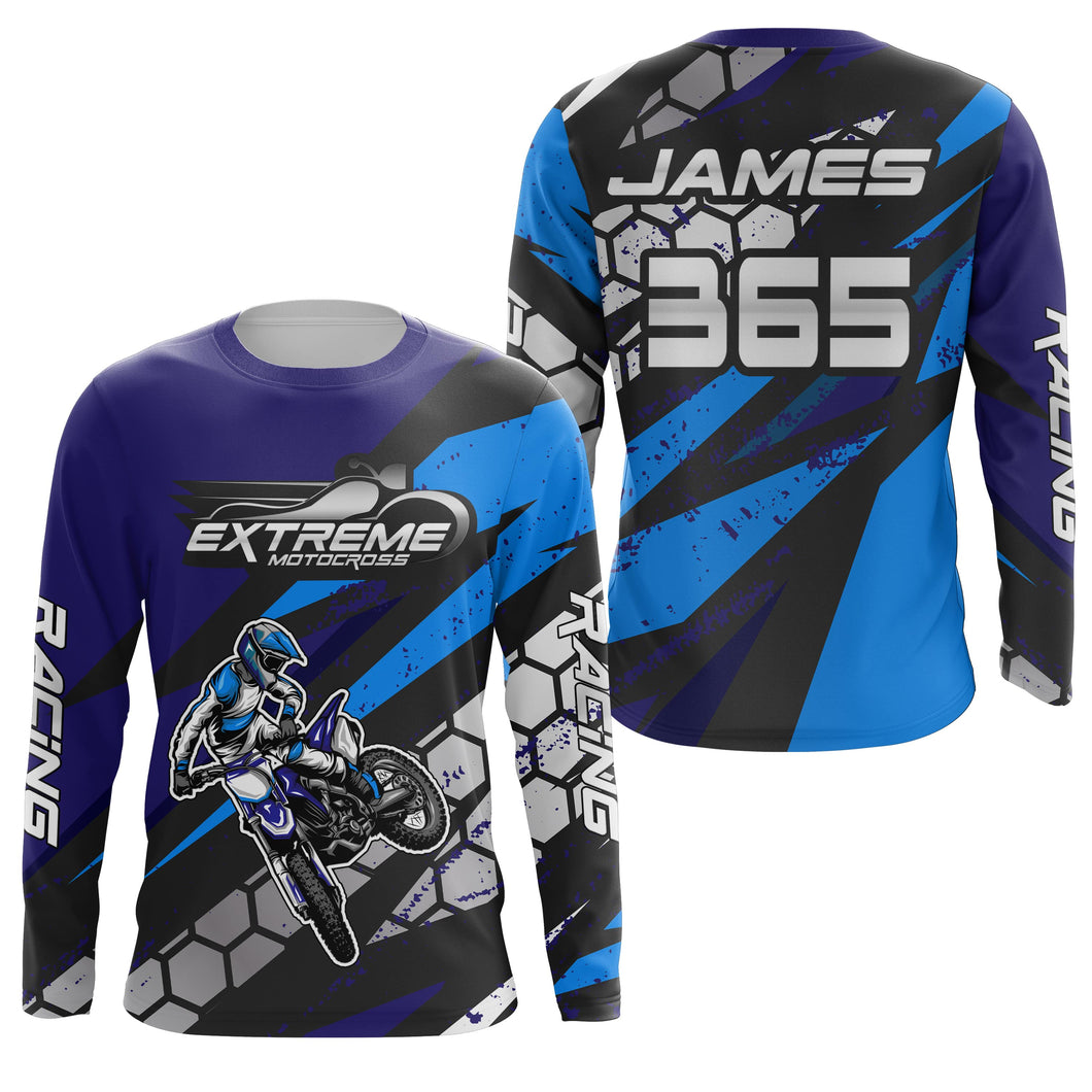 Motocross Jersey Blue UPF30+ Youth Kids Mens Dirt Bike Shirt Extreme Racing Shirt Off-Road XM35