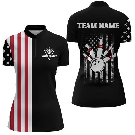 American Bowling Shirt Women Black Bowling Team League Jersey Custom Bowling Quarter-Zip Shirt BDT357