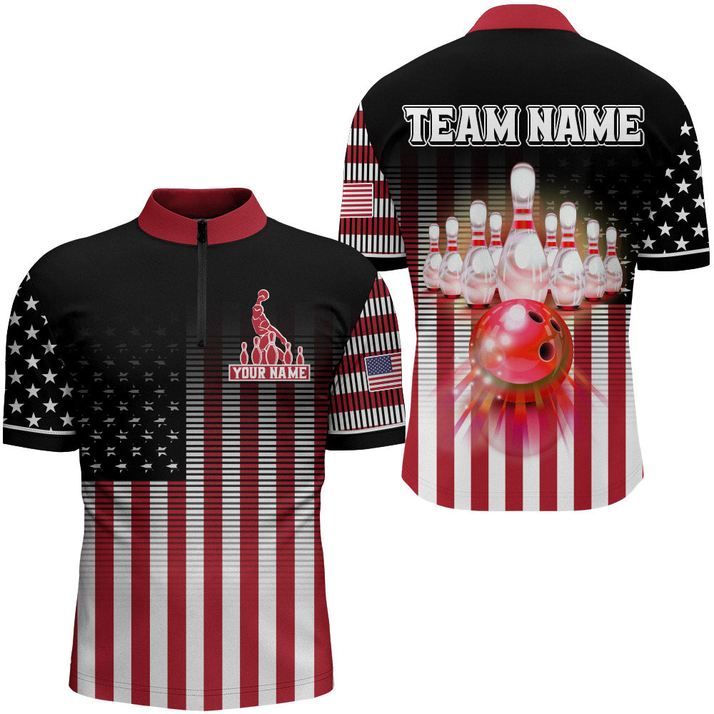 American Bowling Jersey Men Custom Black Bowling Quarter-Zip Shirt Team Patriot Bowling Shirt BDT317
