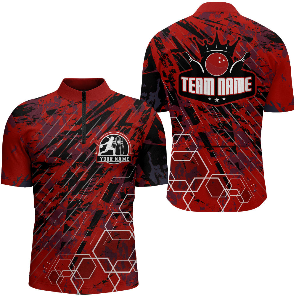 Custom Black&Red Bowling Shirt For Men Personalized Bowling Team Jersey Bowling 1/4 Zip Shirt BDT323