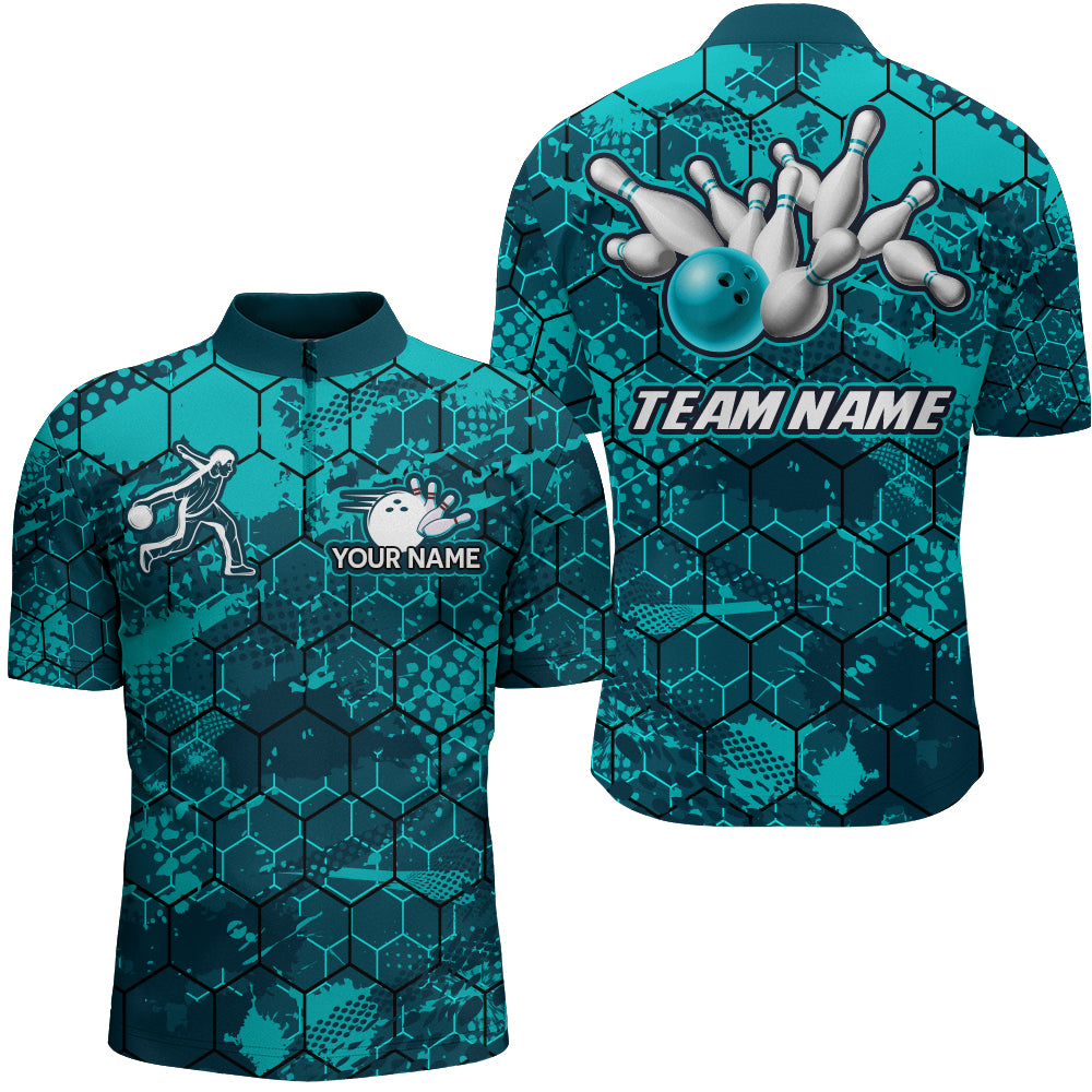 Turquoise Bowling Quarter-Zip Shirt Custom Bowling Jersey For Men Bowling Shirts For Team BDT255