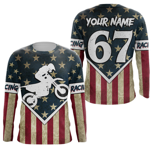 Kid&Adult American Flag Motocross Jersey Personalized UPF30+ Dirt Bike Shirt Off-Road MX Racing PDT748