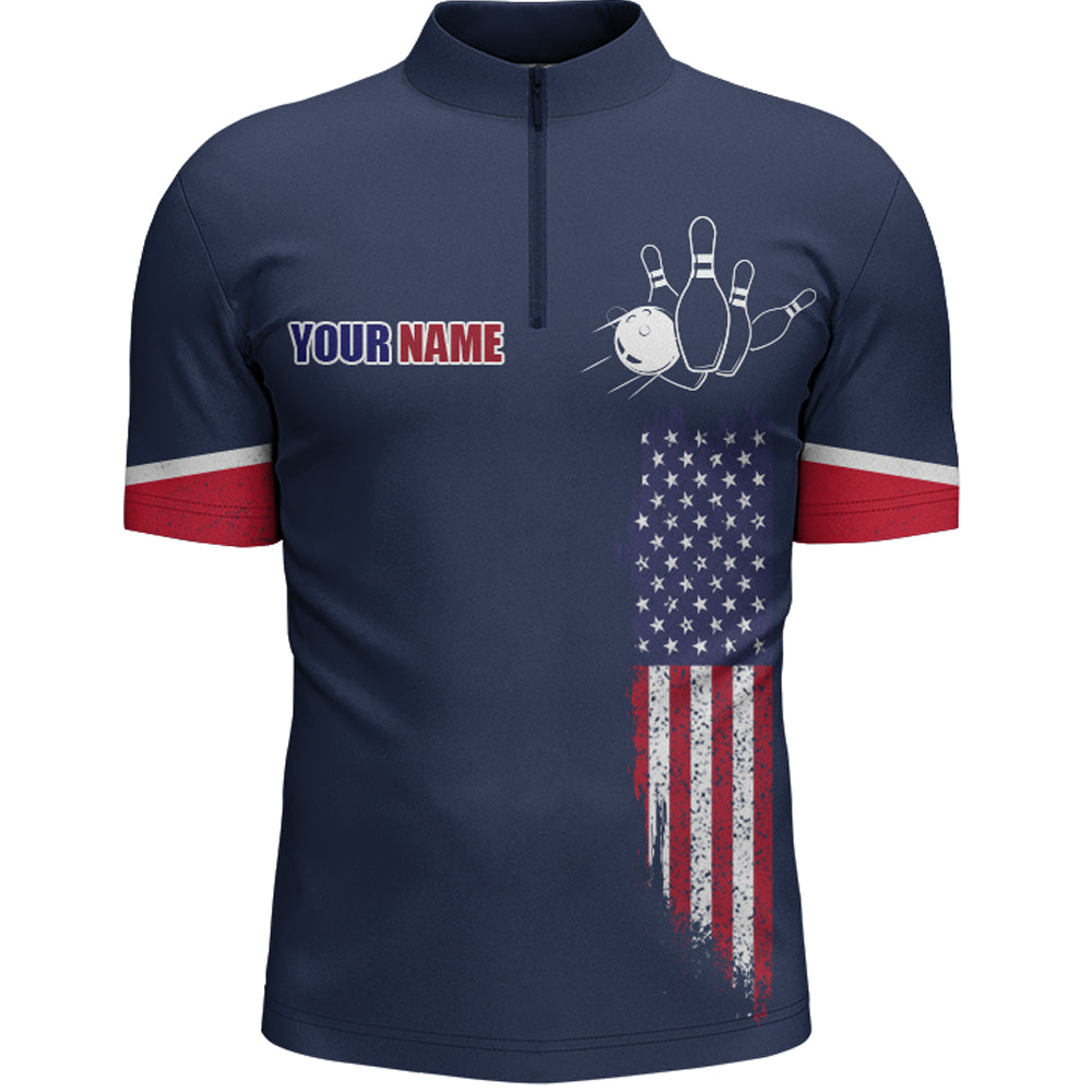 Navy Bowling Quarter-Zip Shirt For Men Custom American Bowling Team Jersey Patriot Bowling Shirt BDT318