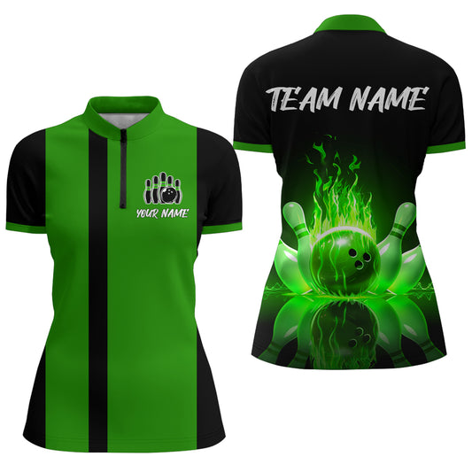 Green Flame Bowling Shirt for Men & Women Custom Bowling Jersey Team League Bowling 1/4 Zip BDT547