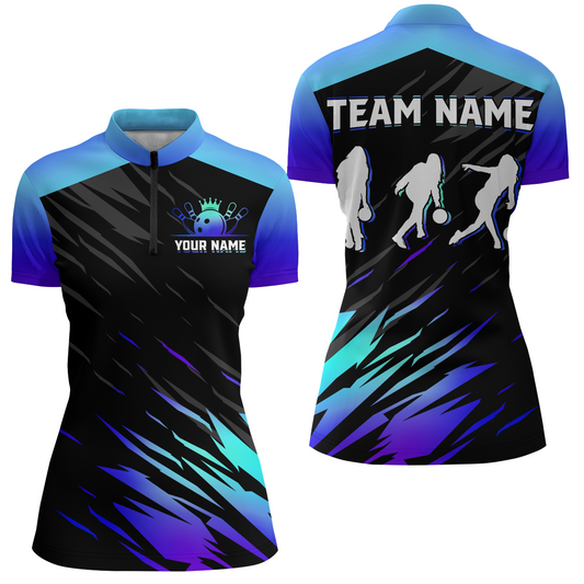 Blue Bowling Shirts Men & Women Custom Bowling Jersey Team Bowling Quarter-Zip BDT525