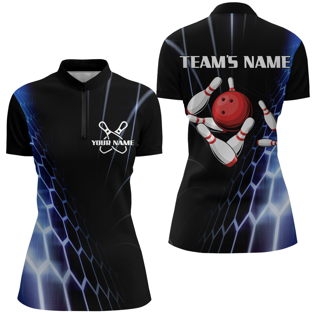 Custom Bowling Quarter-Zip Shirts Women Vintage Bowling Jersey Black Bowling Team League Shirts BDT215