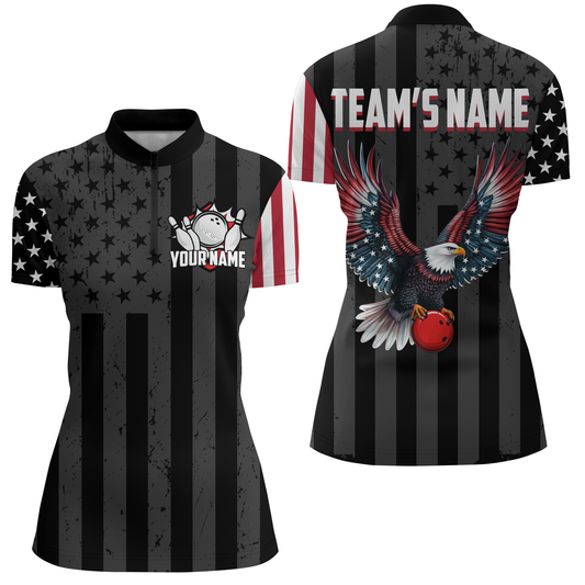 Eagle Black Bowling Shirt For Men & Women Custom Patriotic Bowling Team Jersey Quarter-Zip BDT540