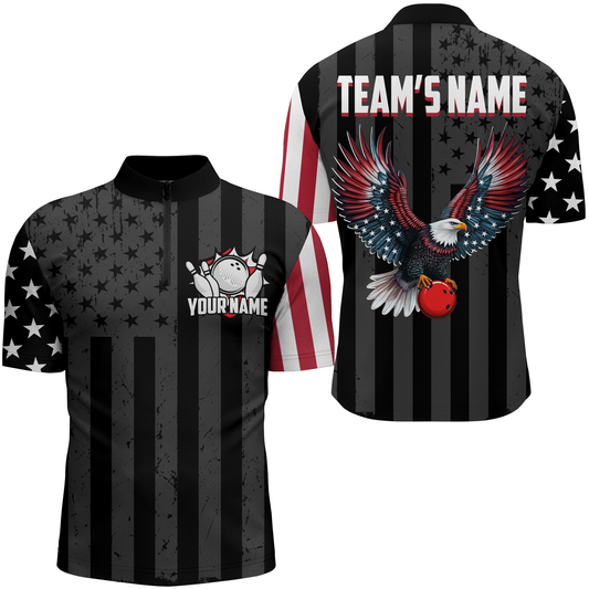 Eagle Black Bowling Shirt For Men & Women Custom Patriotic Bowling Team Jersey Quarter-Zip BDT540