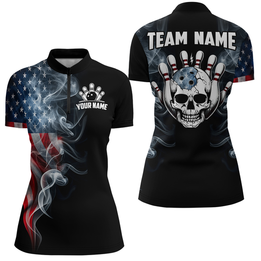 Custom Skull Bowling 1/4 Zip Shirts For Men Women American Flag Bowling Jersey Team BDT507