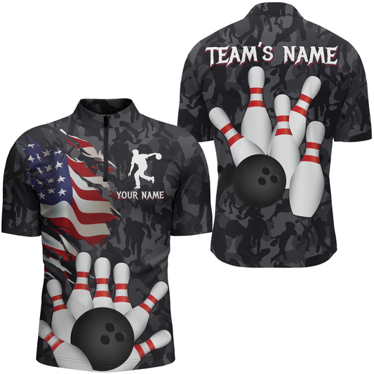 Camo Bowling Shirt Men Custom American Bowling Jersey Team League Bowling Quarter-Zip Shirt BDT325