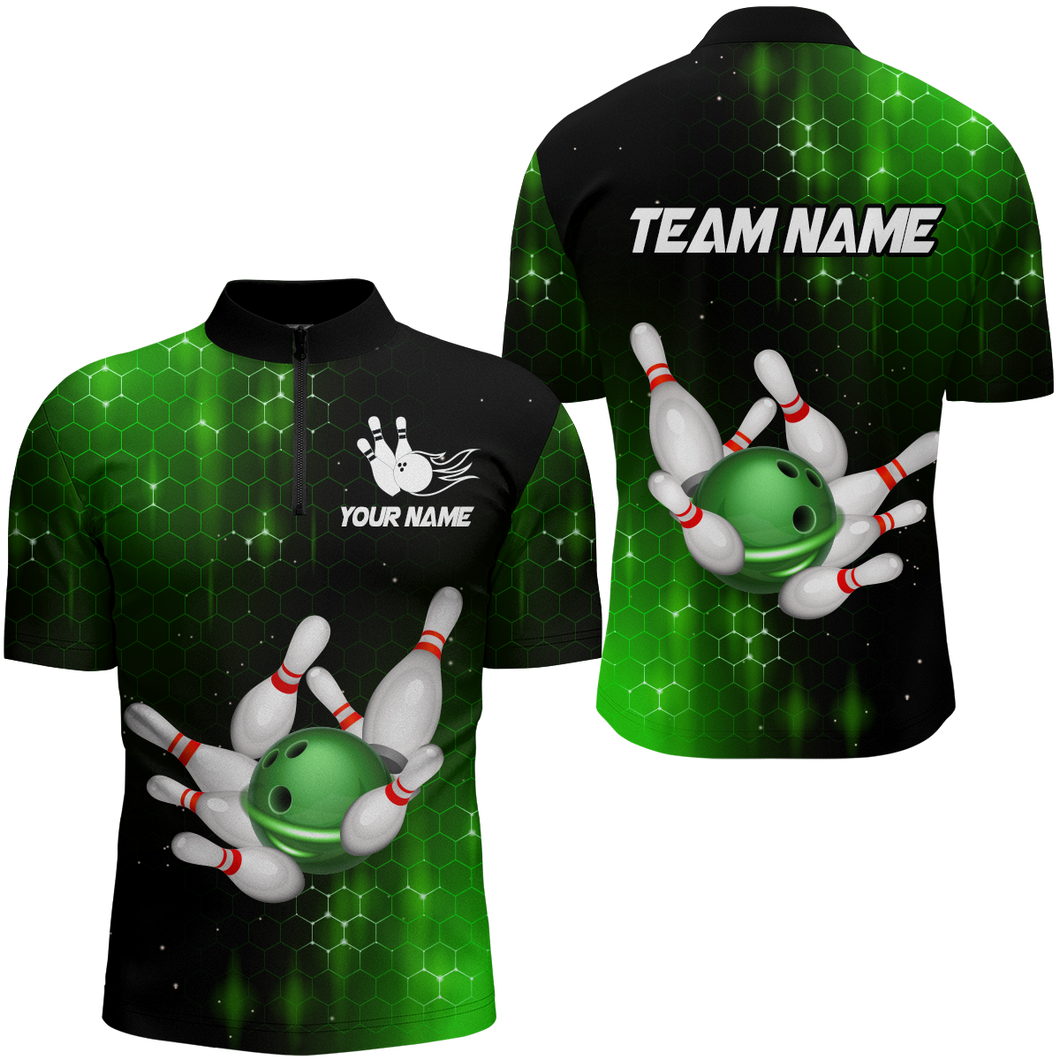 Personalized Green Bowling Shirts Men Women Bowling Team Jersey Bowling 1/4 Zip Shirt BDT488