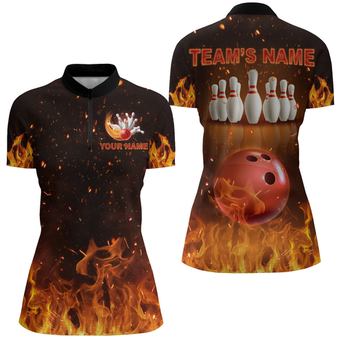 Personalized Women's Bowling Team Shirt Flame Bowling Jersey Custom Funny Bowling 1/4 Zip Shirt BDT330