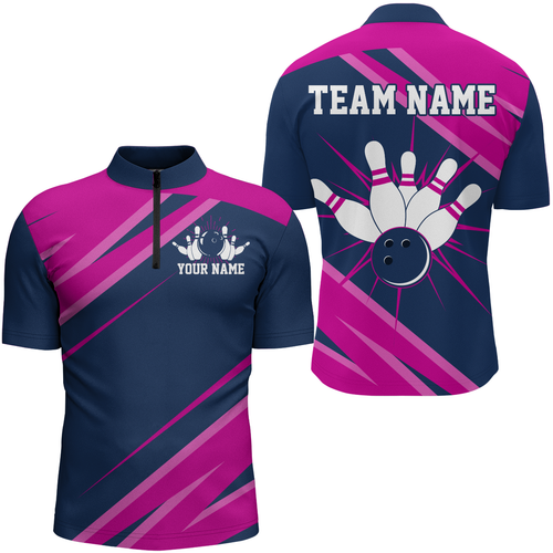 Custom Navy&Pink Bowling Shirt For Men & Women Bowling Team Jersey 1/4 Zip Bowling Shirts Unisex BDT581