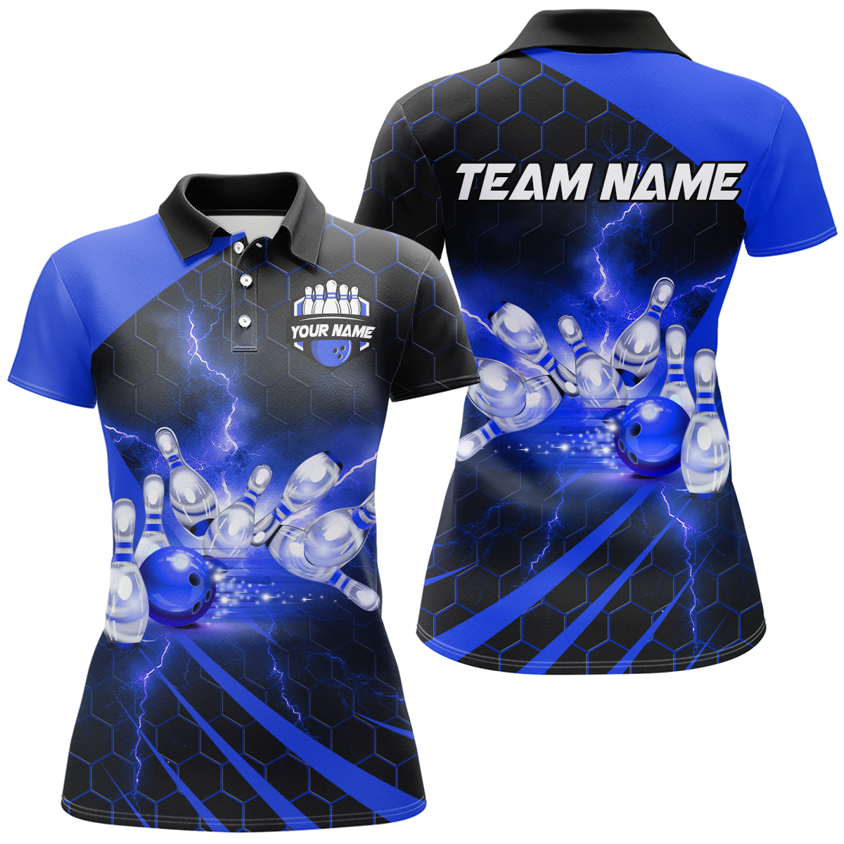 Custom Bowling Jersey For Couples Blue Bowling Polo Shirts For Men And Women BDT491