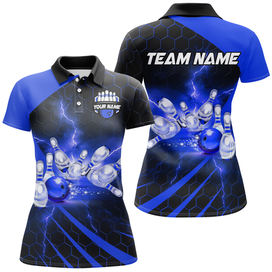 Custom Bowling Jersey For Couples Blue Bowling Polo Shirts For Men And Women BDT491