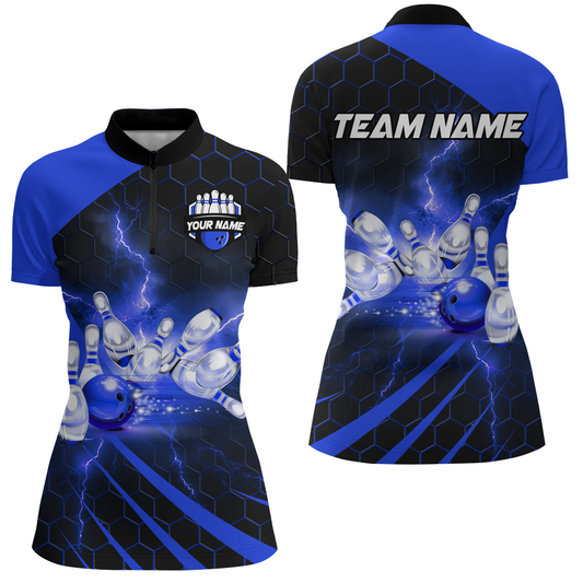 Custom Bowling Jersey For Couples Blue Bowling 1/4 Zip Shirts For Men And Women BDT491