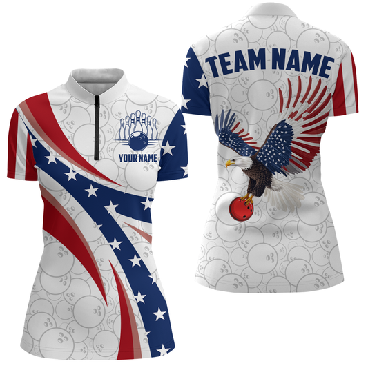 American Bowling 1/4 Zip Shirt Men & Women Custom Eagle Bowling Team Jersey Patriotic BDT560