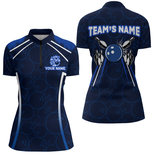 Custom Bowling Quarter-Zip Shirt For Women Navy Bowling Team Jersey Couple Bowling Shirt BDT342