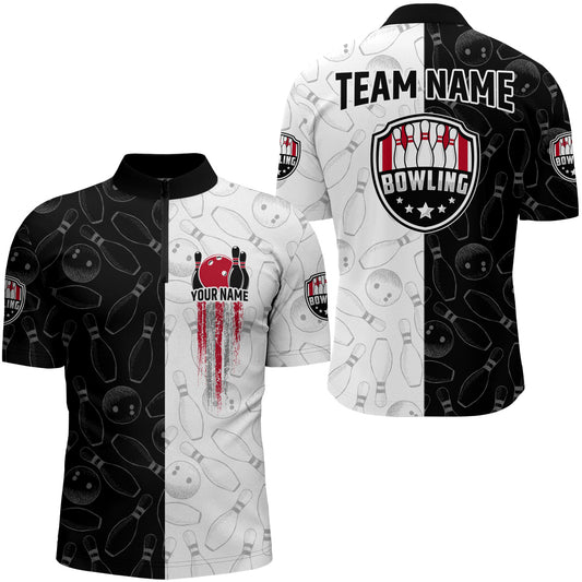 American Bowling Shirts Men Black&White Bowling Team Jersey Custom Bowling Quarter-Zip Shirt BDT359