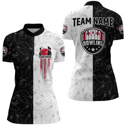 American Bowling Shirts Women Black&White Bowling Team Jersey Custom Bowling Quarter-Zip Shirt BDT359