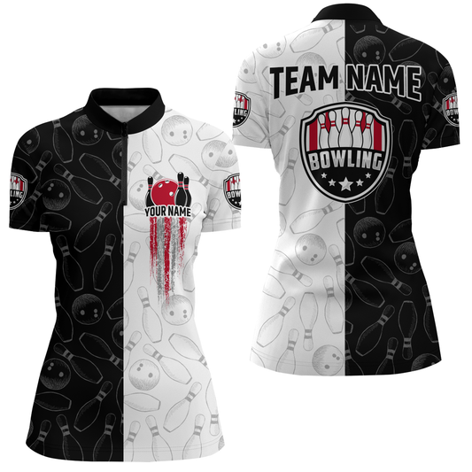 American Bowling Shirts Women Black&White Bowling Team Jersey Custom Bowling Quarter-Zip Shirt BDT359