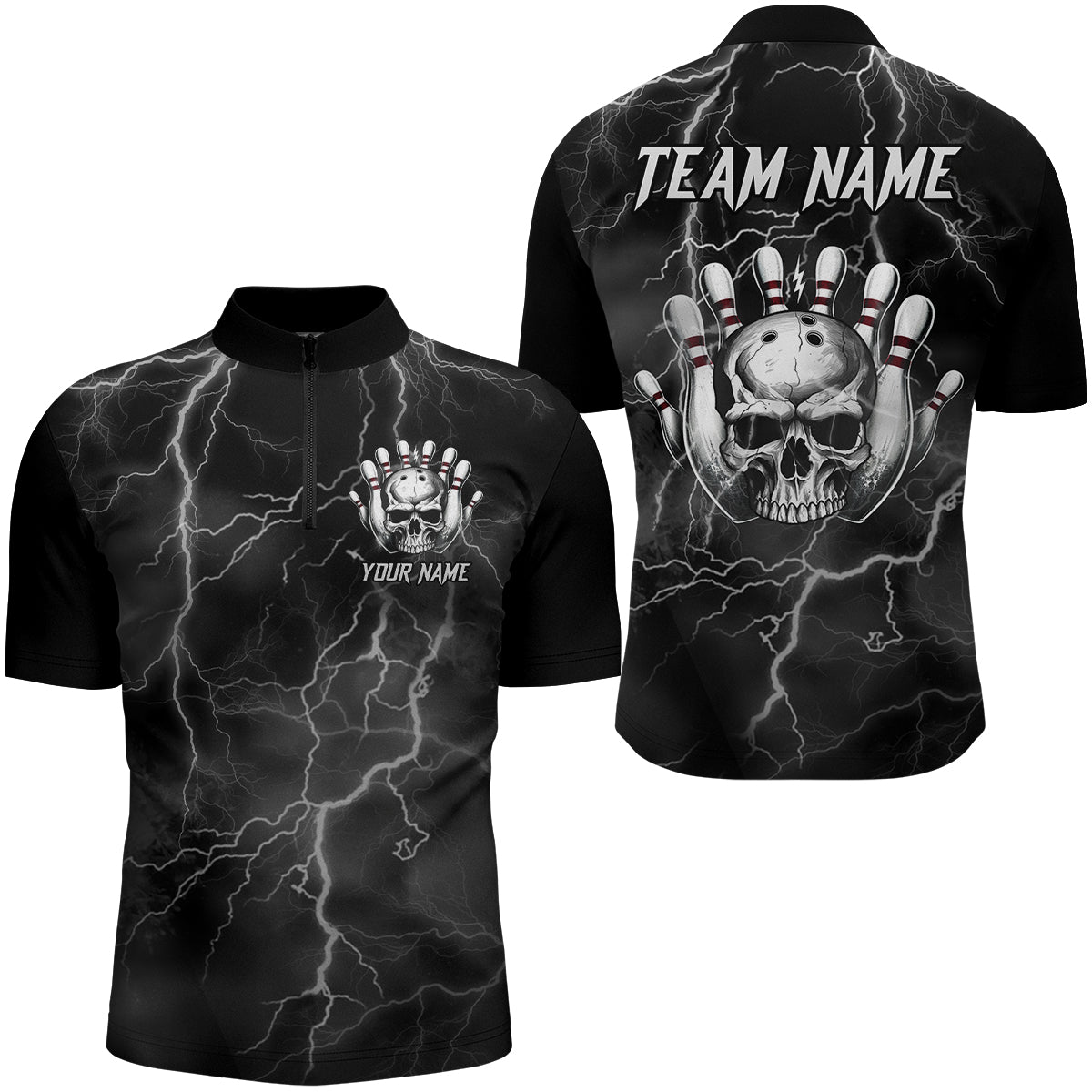 Skull Bowling League Shirt Men Bowling Jersey Team Lightning Thunder Bowling Quarter-Zip Shirt BDT335