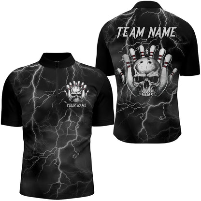 Skull Bowling League Shirt Men Bowling Jersey Team Lightning Thunder Bowling Quarter-Zip Shirt BDT335