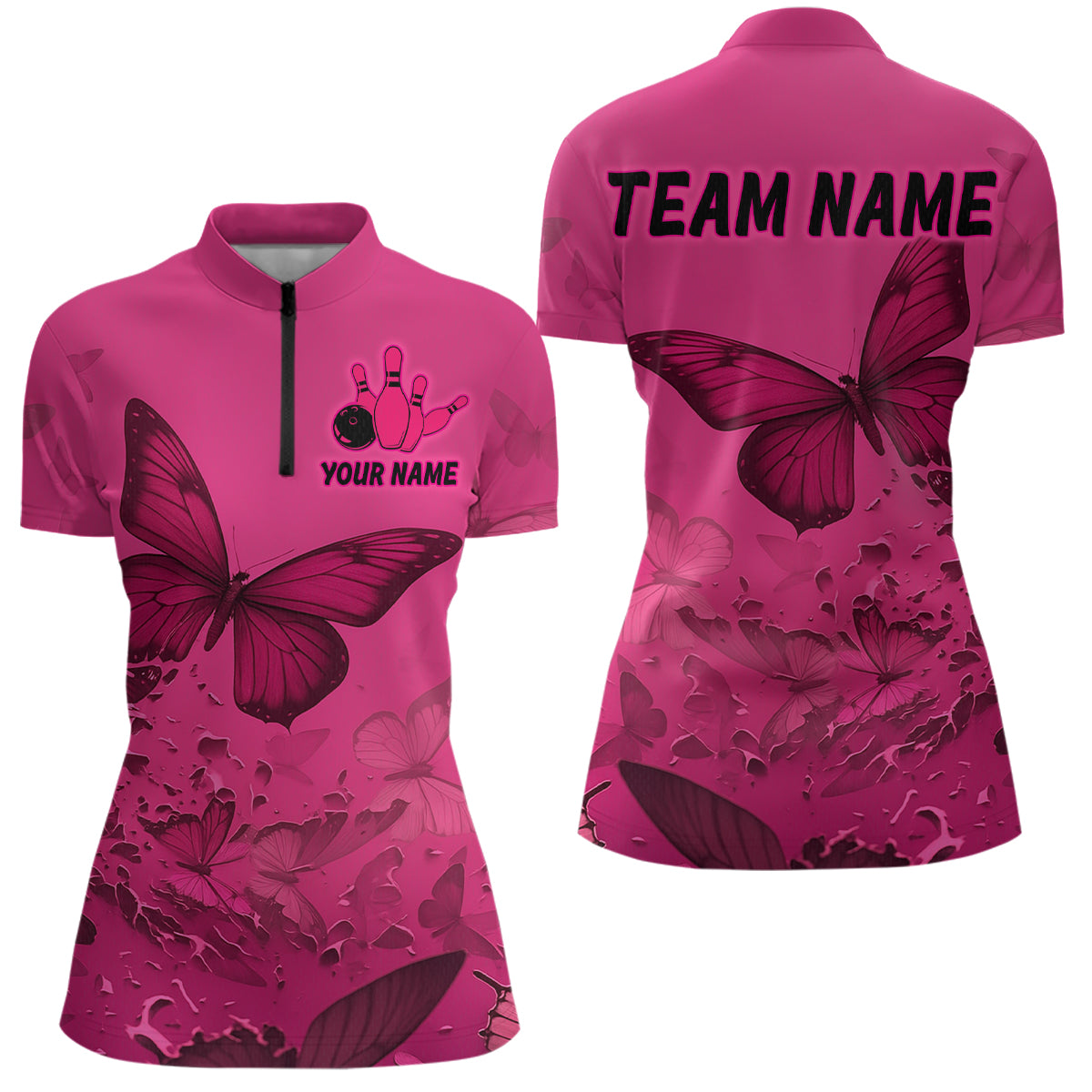 Pink Butterflies Bowling Shirts for Women Men Team Custom Bowling Polo and 1/4 Zip MBL121