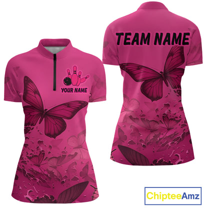 Pink Butterflies Bowling Shirts for Women Men Team Custom Bowling Polo and 1/4 Zip MBL121