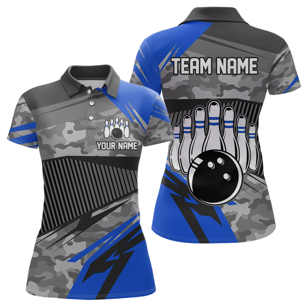 Blue Camo Bowling Shirts for Women Men Custom Team Bowling Polo & 1/4 Zip Shirt MBL61