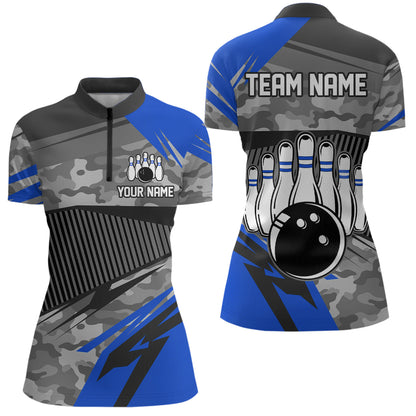 Blue Camo Bowling Shirts for Women Men Custom Team Bowling Polo & 1/4 Zip Shirt MBL61