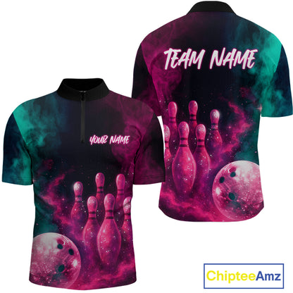 Green and Pink Smoke Bowling Shirts for Women Men Team Bowling Polo & Quarter Zip MBL129