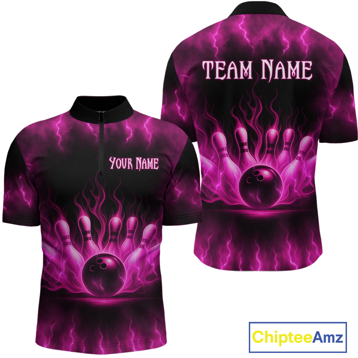 Custom Pink Flame Bowling Shirts for Women Men Team Bowling Polo and Quarter Zip MBL132