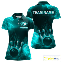 Load image into Gallery viewer, Teal Flaming Bowling Shirts for Women Men Custom Team Bowling Polo &amp; Quarter Zip MBL140