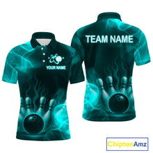 Load image into Gallery viewer, Teal Flaming Bowling Shirts for Women Men Custom Team Bowling Polo &amp; Quarter Zip MBL140