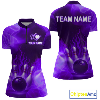 Purple Flaming Bowling Shirts for Women Men Custom Team Bowling Polo & Quarter Zip MBL140