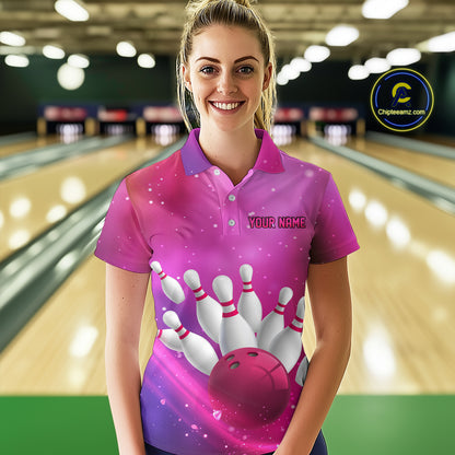 Custom Pink Galaxy Bowling Shirts for Men Women Team Bowling Polo and Quarter Zip MBL122