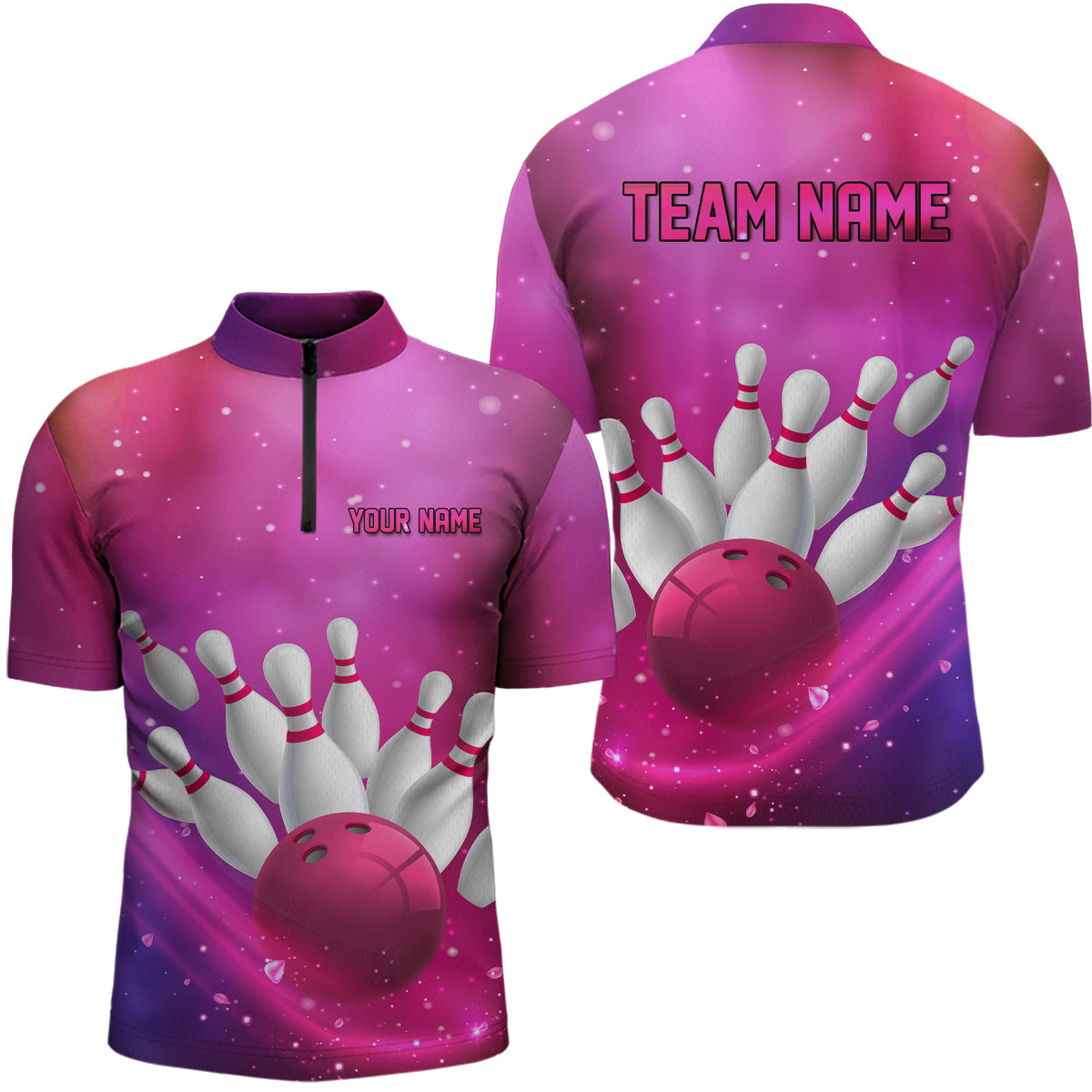 Custom Pink Galaxy Bowling Shirts for Men Women Team Bowling Polo and Quarter Zip MBL122