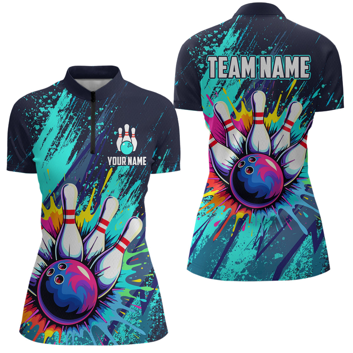 Custom Teal Bowling Shirt for Women Men Bowling Water Color Bowling Polo & 1/4 Zip Shirts MBL37
