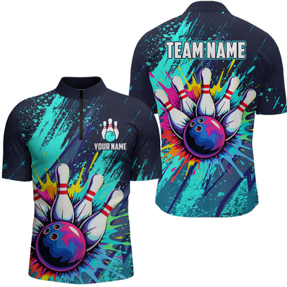 Custom Teal Bowling Shirt for Women Men Bowling Water Color Bowling Polo & 1/4 Zip Shirts MBL37