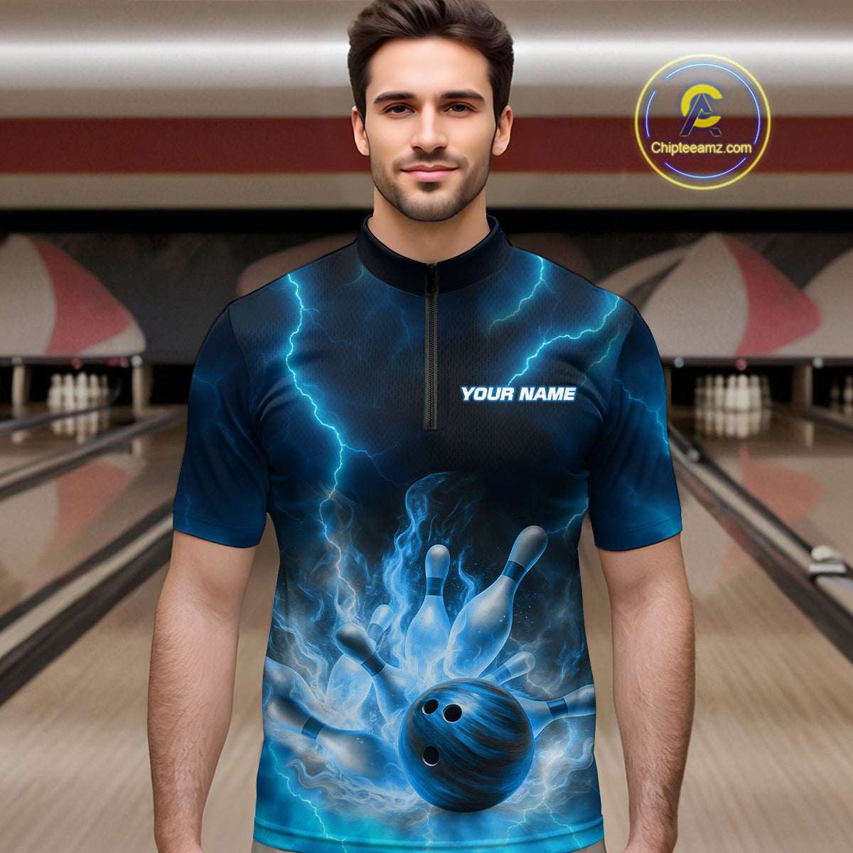 Lightning Blue Bowling Shirts for Women Men Custom Team Bowling Polo & Quarter Zip MBL131