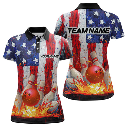 Fire American Flag Bowling Shirt Patriotic Bowling Jersey Men Women Team Polo&1/4 Zip MBL65