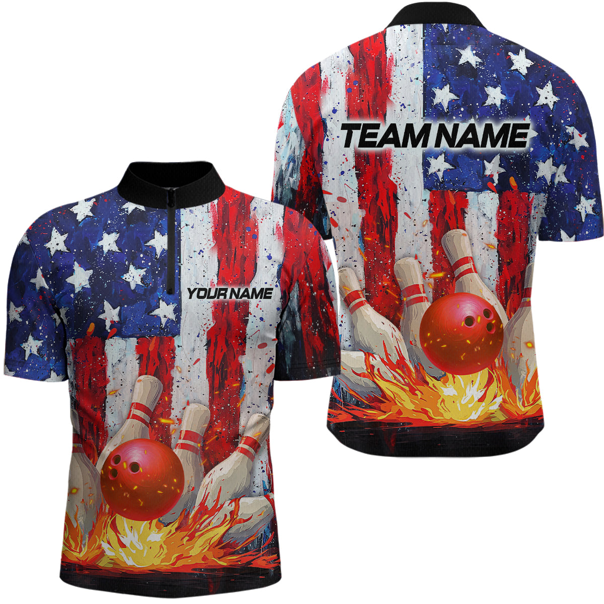 Fire American Flag Bowling Shirt Patriotic Bowling Jersey Men Women Team Polo&1/4 Zip MBL65